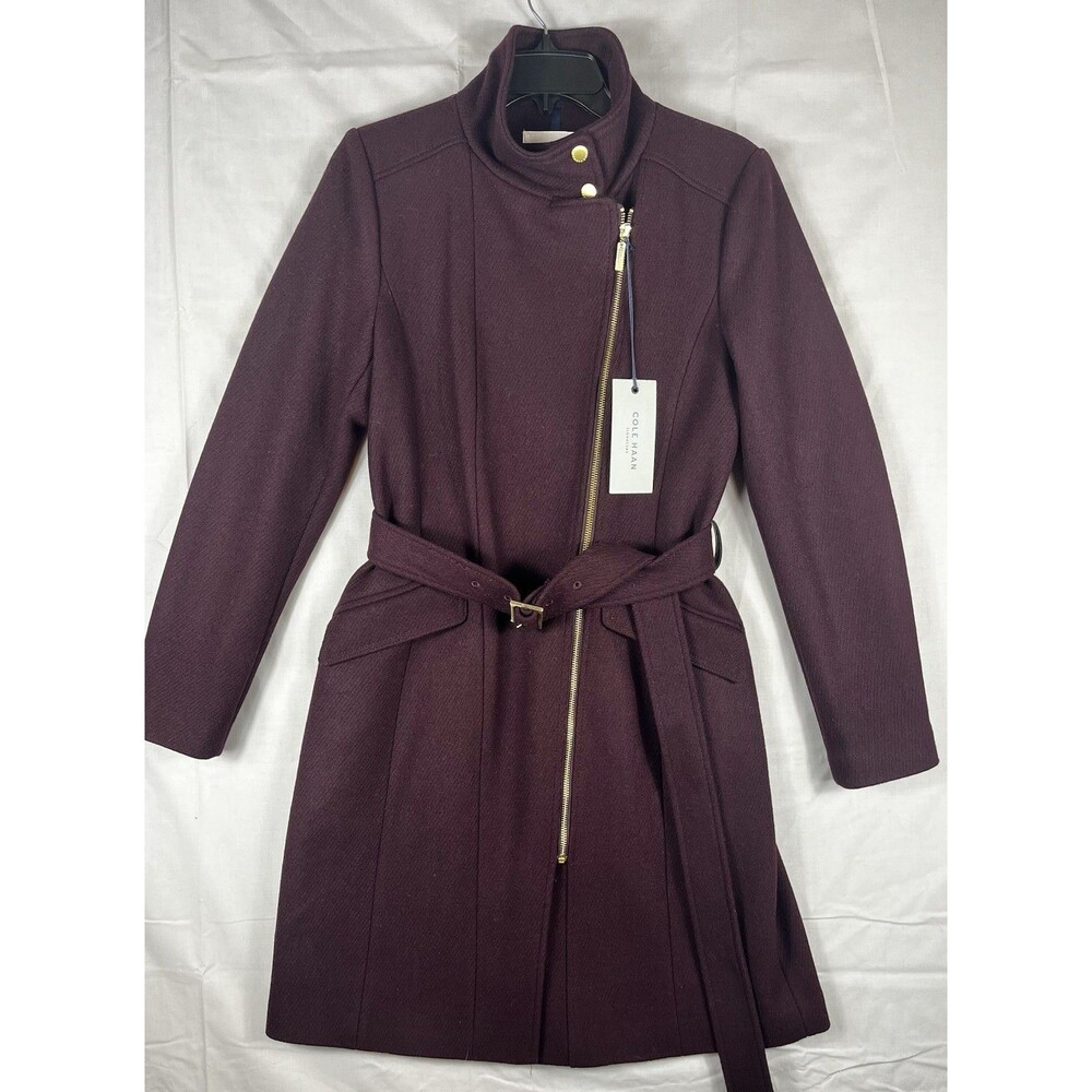 Cole Haan Wool Blend Full Zip Belted Knee Coat Purple Women’s Size 4 Small NWT